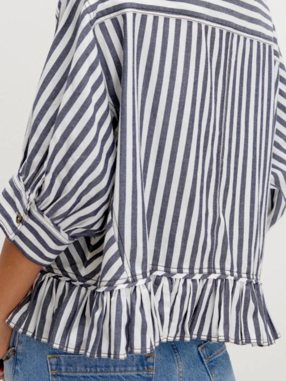We The Free Navy and White Striped Ruffle-Hem Button Down - Picture 4 of 5